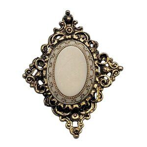 Creme Etched Glass Brooch Pendanr Swirled Gold Tone Diamond Shape Frame Vintage